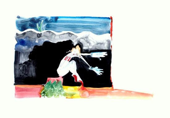 Eine abstrakte Darstellung einer Figur in Bewegung vor farbigen Hintergrundelementen.