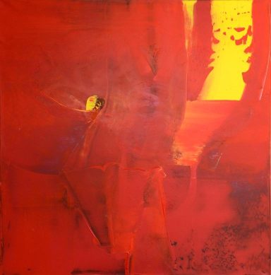 Abstrakte Komposition in kräftigen Rot- und Gelbtönen.